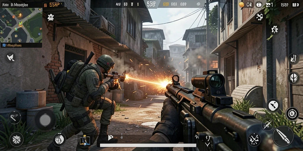 Screenshot gameplay menegangkan dari 55RP yang menunjukkan aksi tembak-menembak.