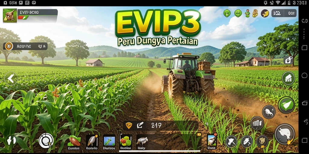 Tangkapan layar EVIP3 menunjukkan aktivitas pertanian yang seru dan interaksi sosial.