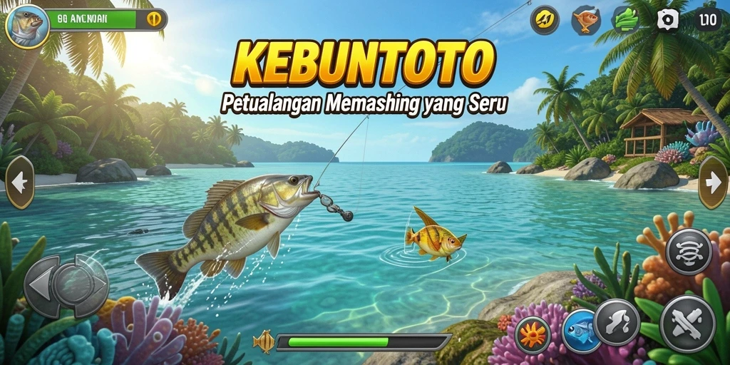 Screenshot gameplay KEBUNTOTO menampilkan aksi memancing yang seru dan menawan.