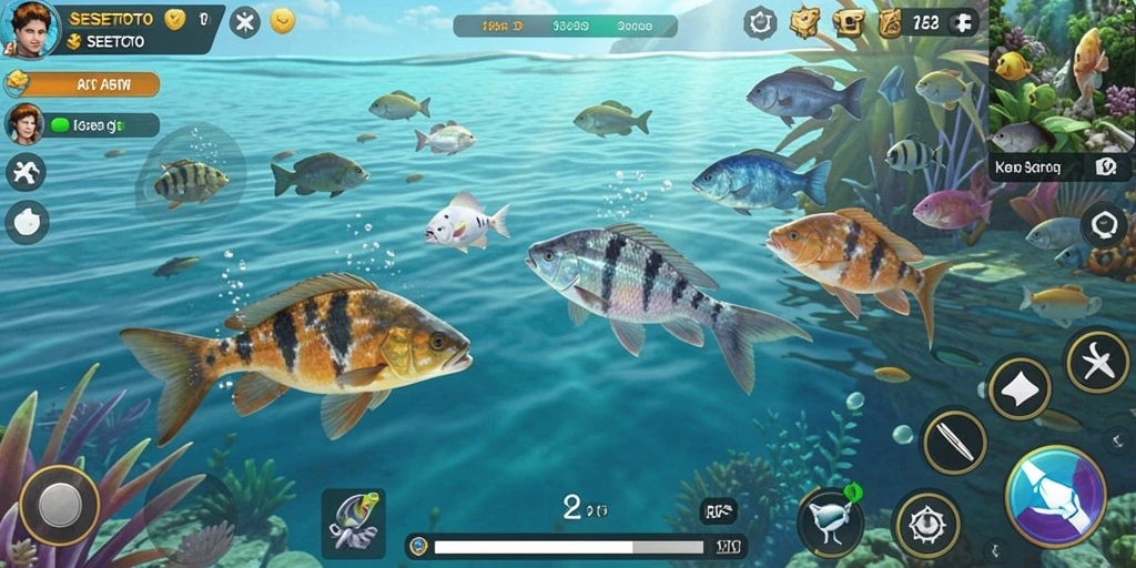 Tampilan gameplay SESETOTO yang realistis dengan berbagai ikan menarik.