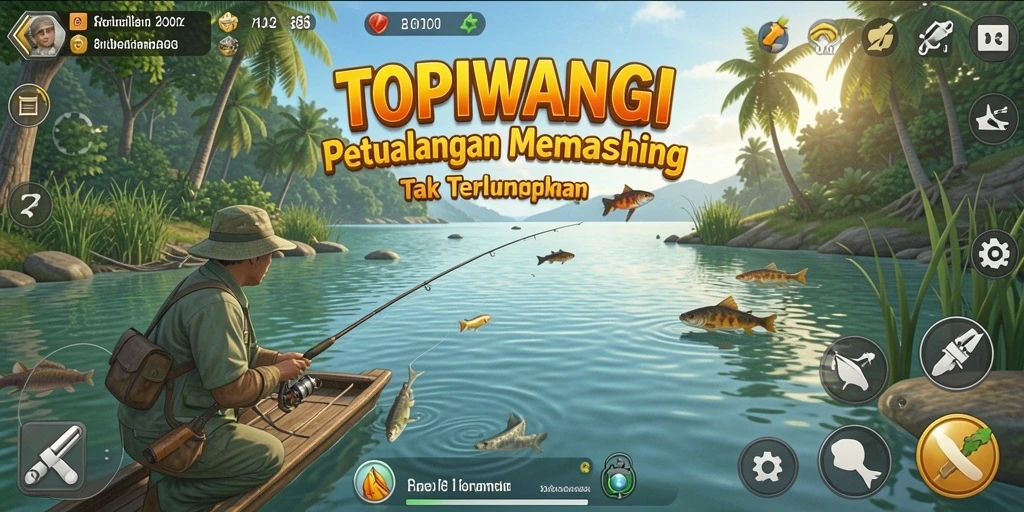 Screenshot gameplay TOPIWANGI menampilkan keseruan memancing yang mendebarkan.